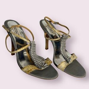 Badgley Mischka Grey Ruffle Snakeskin Strappy Heels 9